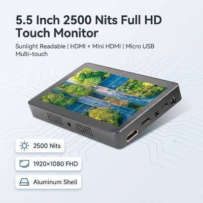خرید 5.5 اینچ 2500 نیت مانیتور لمسی Full HD 1920 × 1080 HDMI Mini HDMI Micro USB پوسته آلومینیومی صفحه نمایش خوانا نور خورشید تولید آنلاین