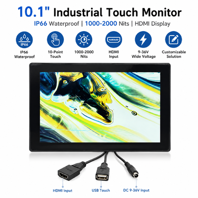 10.1 اینچ مانیتور لمسی صنعتی IP66 ضد آب روشنایی بالا 1000-2000 نیت نمایش LCD HDMI